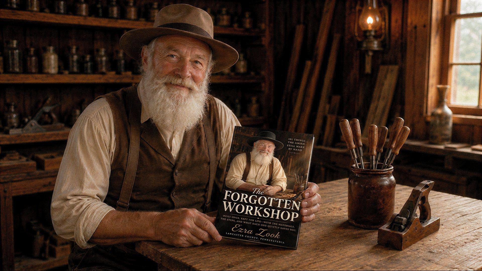 Ezra with the finished book, in the shop where it was written.